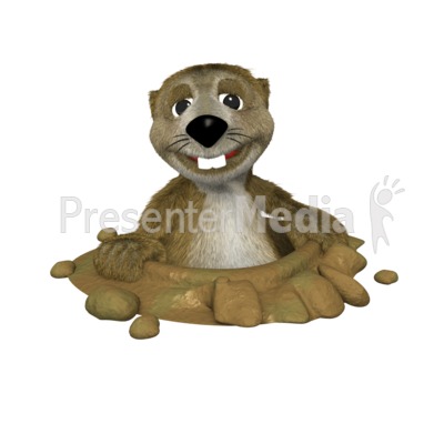 A clipart image of Gordy the Groundhog peeking out of his hole.