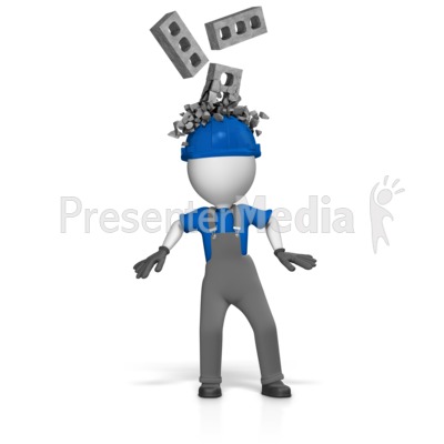Worker With Bricks Breaking Over Helmet Presentation clipart