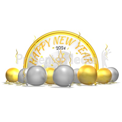 New Years Clock Behind Balloons Confetti Presentation clipart