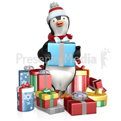 Penguin In A Pile Of Gifts Presentation clipart