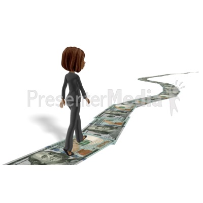 Business Woman Walking Money Trail Presentation clipart
