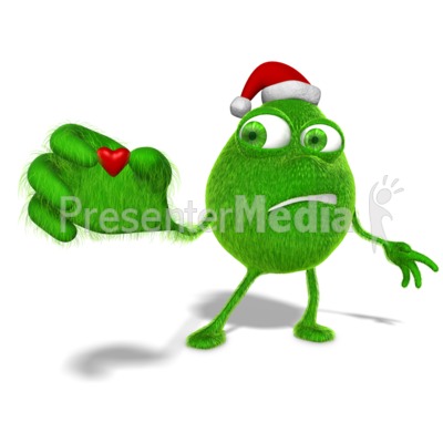 Grinchy Character Holding Tiny Heart Presentation clipart