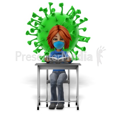 Masked Girl Student At Desk Reading With Coronavirus Presentation clipart