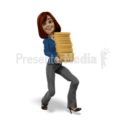 Businesswoman Carrying Stack Of Gold Coins Presentation clipart