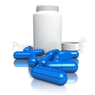 Clipart of blue pills with blank pill bottle