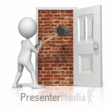 Animated figure breaking through wall with hammer