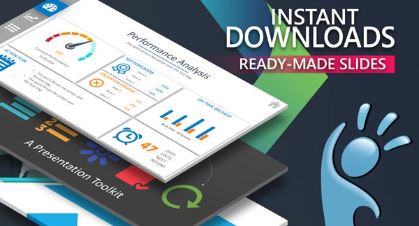 PowerPoint template slides at an angle with the text instant downloads and ready made slides next to them.
