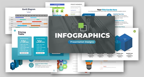 A preview image of of a collage of infographic PowerPoint slide Templates