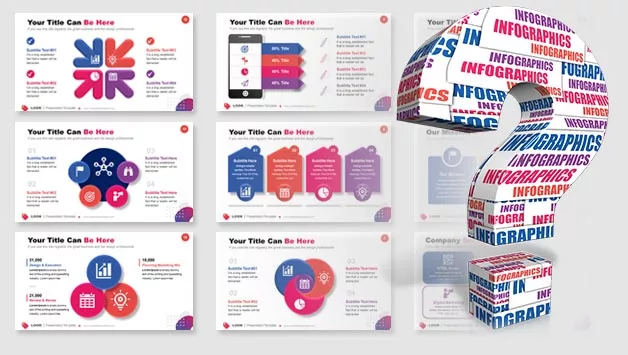A qustion mark with infographics text on it on top of infograpic PowerPoint slides.