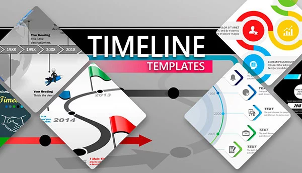 Diamond shapes with one picture of a timeline powerpoint template inside each of them.