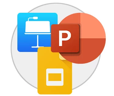 Logos icons presentation software PowerPoint, Google Slides, and Keynote. Then another arrow point to social media icons
