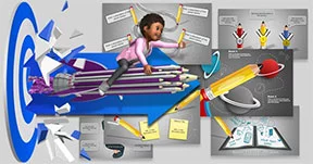 a student riding on a rocket made of pencils busts through a target into education template previews for PowerPoint