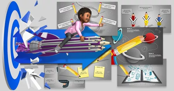 a student riding on a rocket made of pencils busts through a target into education template previews for PowerPoint