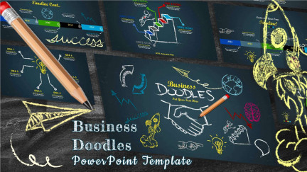 A collage of presentation slides from Business Doodles Timeline PowerPoint Template