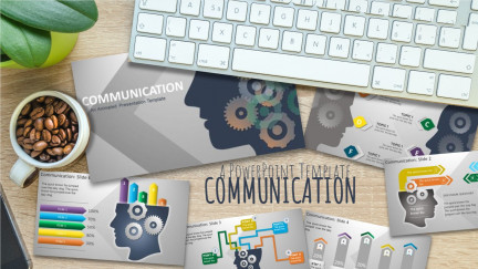 A collage of presentation slides from Gears Head Communication PowerPoint Concept PowerPoint Template