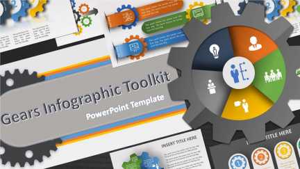 A collage of presentation slides from Gears Infographic Toolkit PowerPoint Template