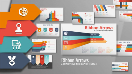 A collage of presentation slides from Ribbon Arrows Infographic Slides PowerPoint Template