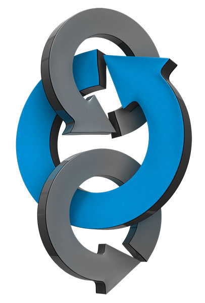 A clipart image a three circle arrows connecting together with the middle one the color blue