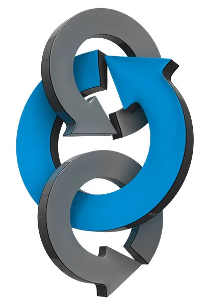 Three circle arrows connected with the middle one blue in color