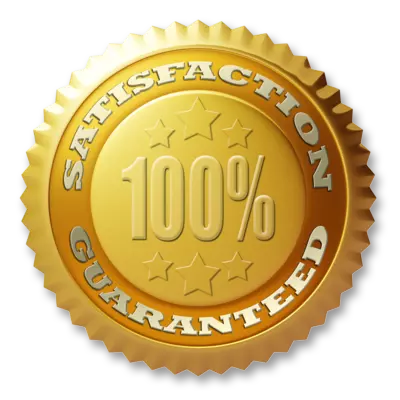 a golden seal badge with the words satisfaction Guaranteed around the inside.