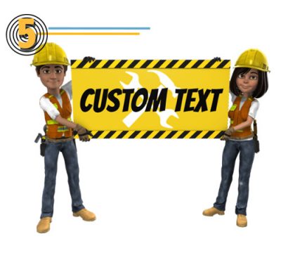 Two construction worker characters holding a custom sign in this custom clip art image