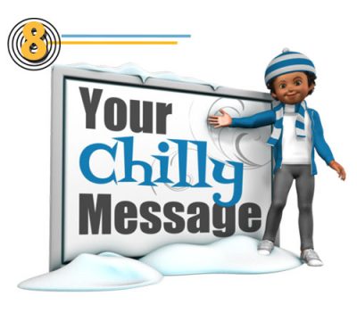 A child in winter clothes gesturing to a customizable sign