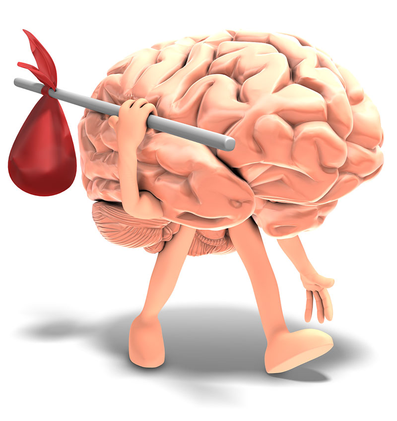 Clipart image of a brain with legs walking with a bag on a stick over shoulder