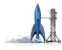 PowerPoint clip art of a rocket ship ready to blast off.