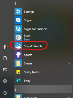 Windows programs list open to Snip and Sketch screen capture tool.