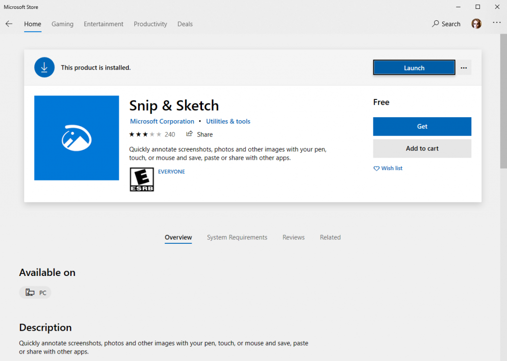 Microsoft App Store screenshot displaying the download link for Microsoft Snip and Sketch screen capture software