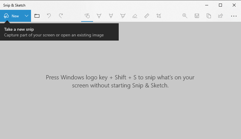 Snip and Sketch application window open showing "new" icon selected