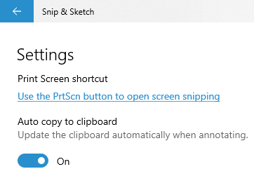 Snip and Sketch print screen shortcut settings window