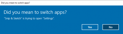 Snip and sketch warning pop up requesting the switch to settings app