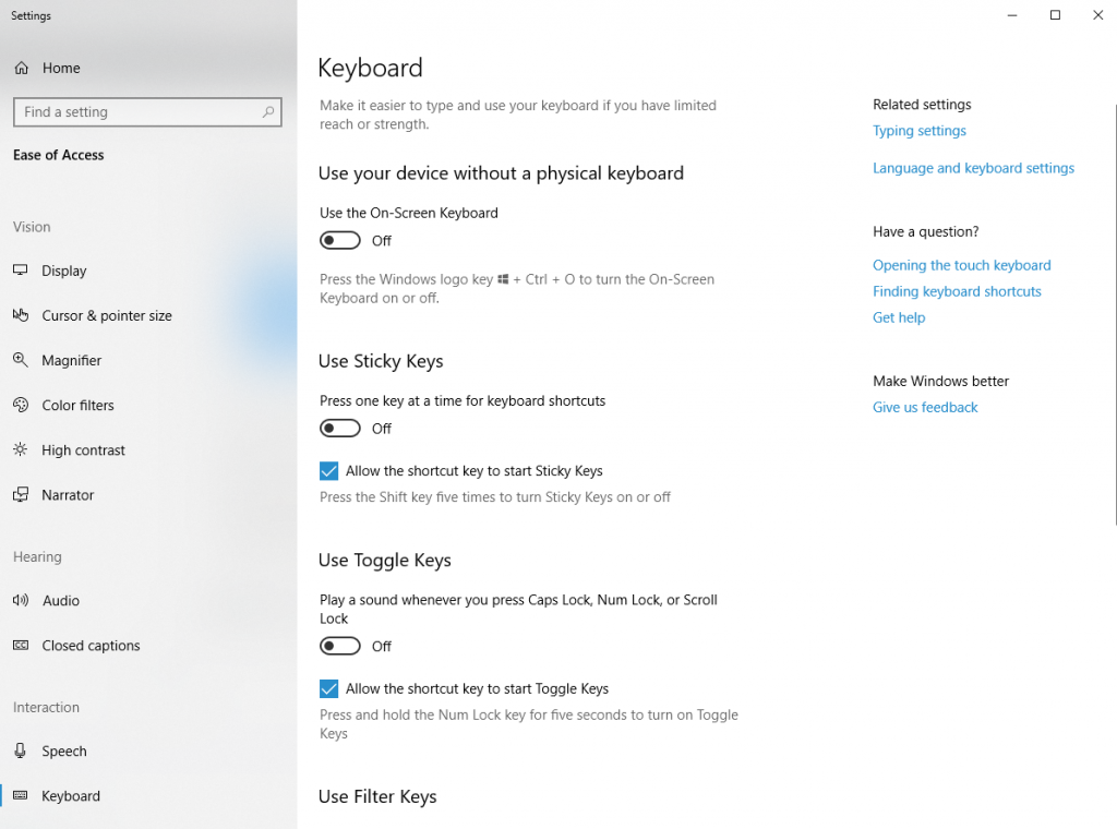 Keyboard settings window open to main page