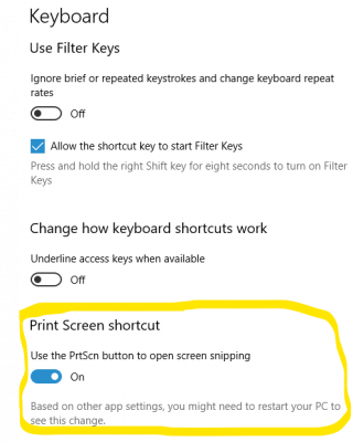 Keyboard settings window scrolled to bottom of menu displaying print screen shortcut highlighted in yellow