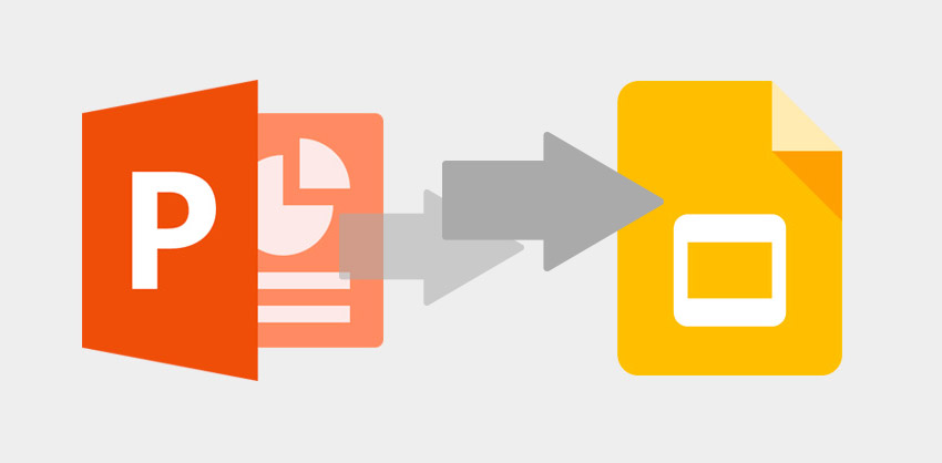 Image of PowerPoint PPTX icon converting to a Google Slides icon