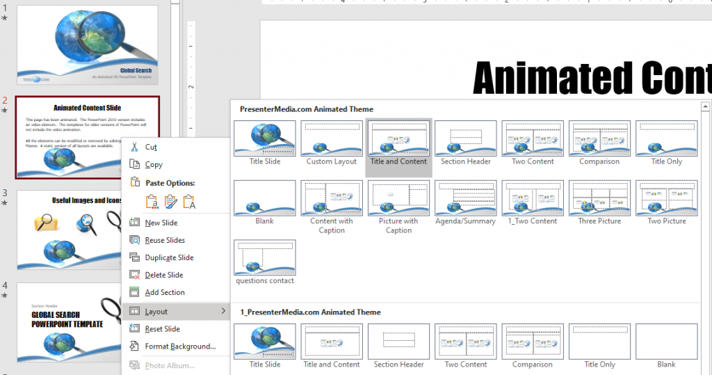 Alternate layout options available in powerpoint used to change slide master