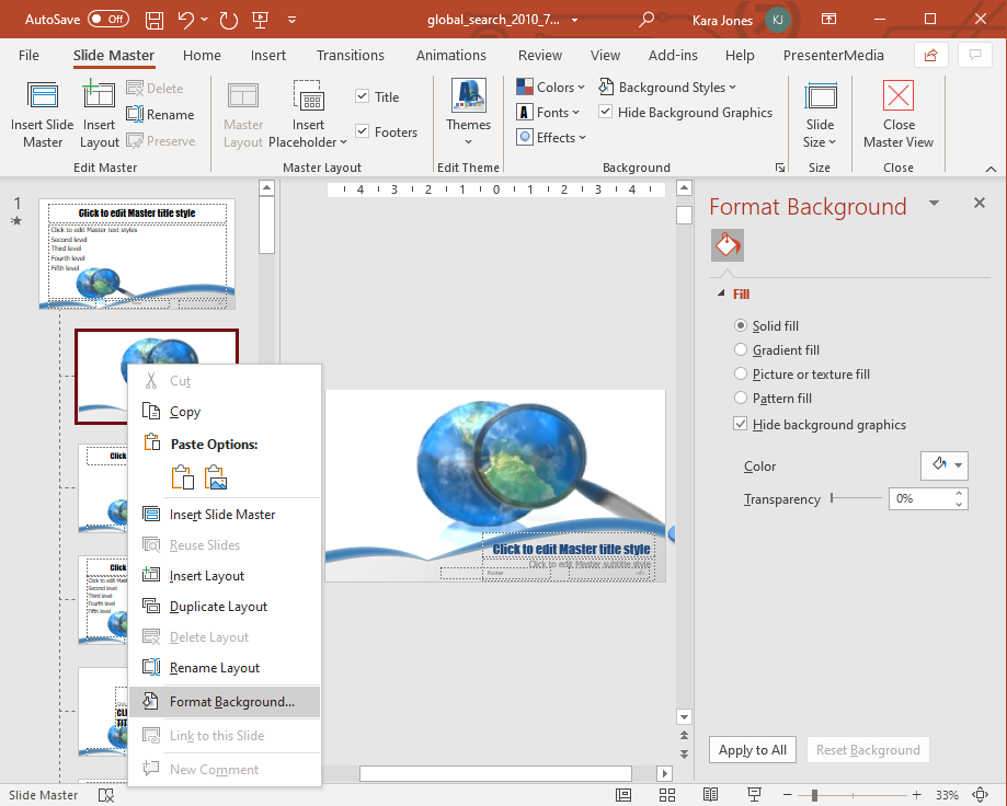 PowerPoint screen with format background option shown being used to hide graphic element from slide master