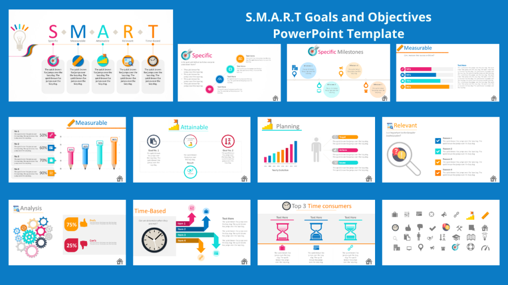 PowerPoint template layout including SMART goals and objectives