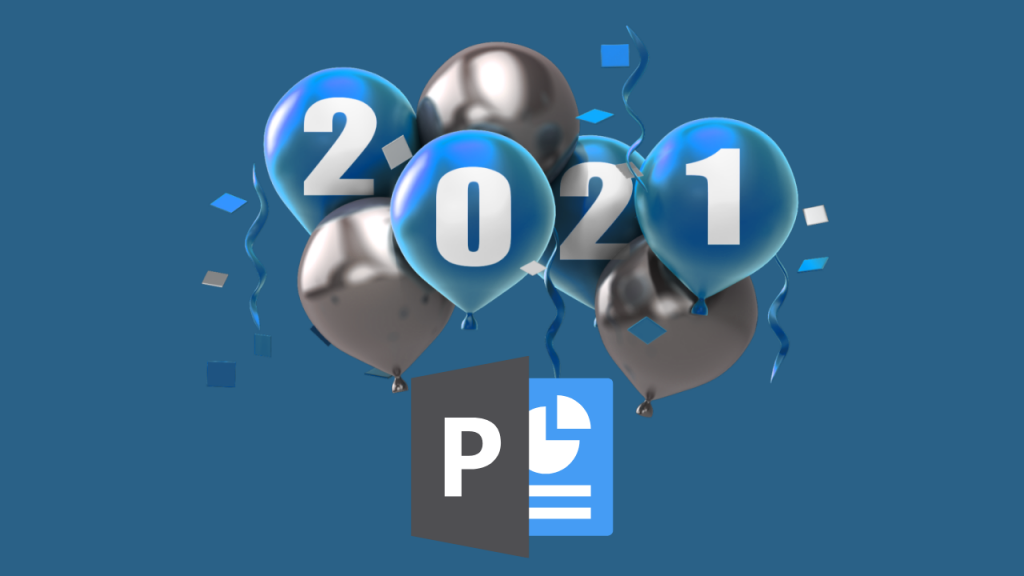 2021 balloons float above PowerPoint logo presented in blue and gray hues