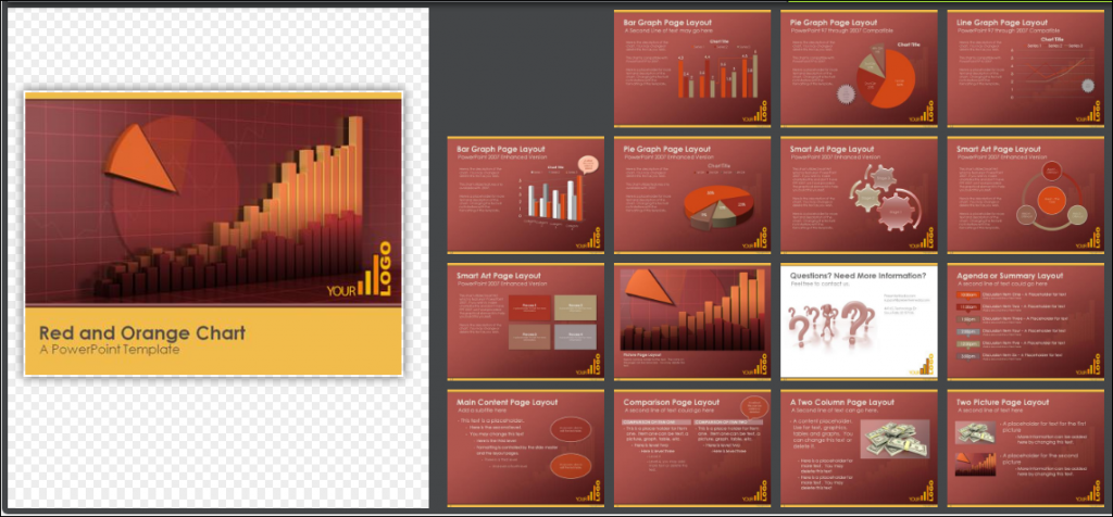 PowerPoint template displaying a maroon background with column charts, pie charts and bar charts