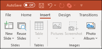 An image showing the insert options inside the PowerPoint ribbon.