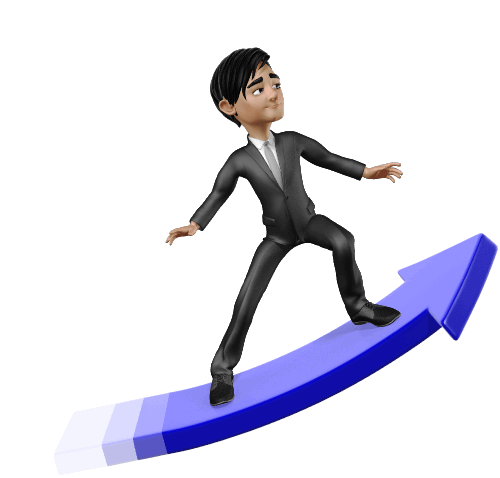 An image of a business character surfing on an up arrow
