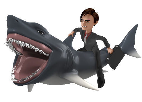 A businessman riding a great white shark