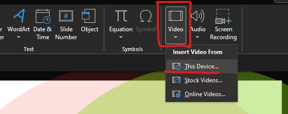 A screenshot of the menu in PowerPoint where to add a video.