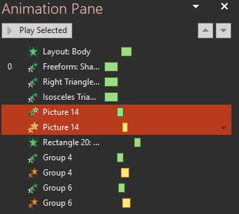 A preview of the animation pane showing multiple animaitons.