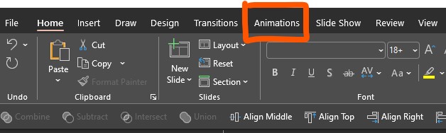 A selection preview of the animations menu option in PowerPoint.