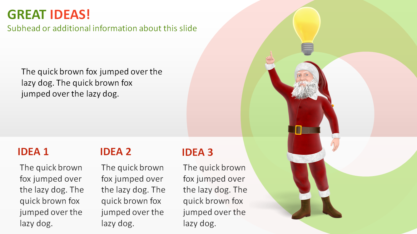 A PowerPoint slide preview showing a large Santa having a bright idea with a light bulb over head.