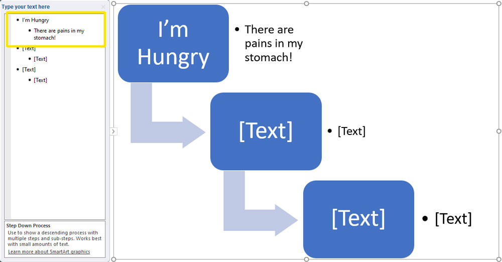 preview showing how to change text in a smart art diagram.