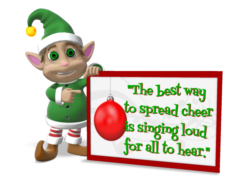 A Christmas elf pointing to a sign he is leaning on.